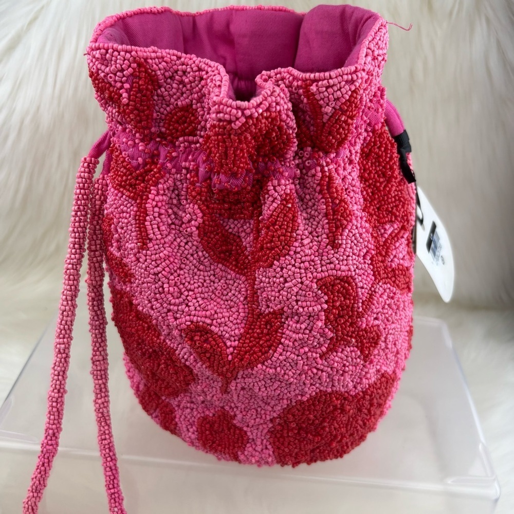 Kate Spade  Beaded Drawstring Bucket Bag in pink and red
